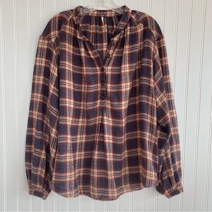Free People Mandarin Collar Rust and Blue Blouse, SIZE XS